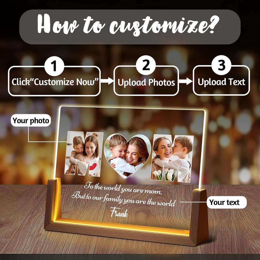 Personalized Mothers Day Unique Gifts for Mom Wife, Mom Gifts from Daughter Son Husband, Custom Acrylic Night Light Picture Frame with Photo Name,