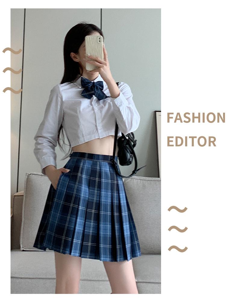 Women's Blue Plaid A-Line High Waist Pleated Skirt - College Style, Plus Size, Short Length for Spring & Autumn