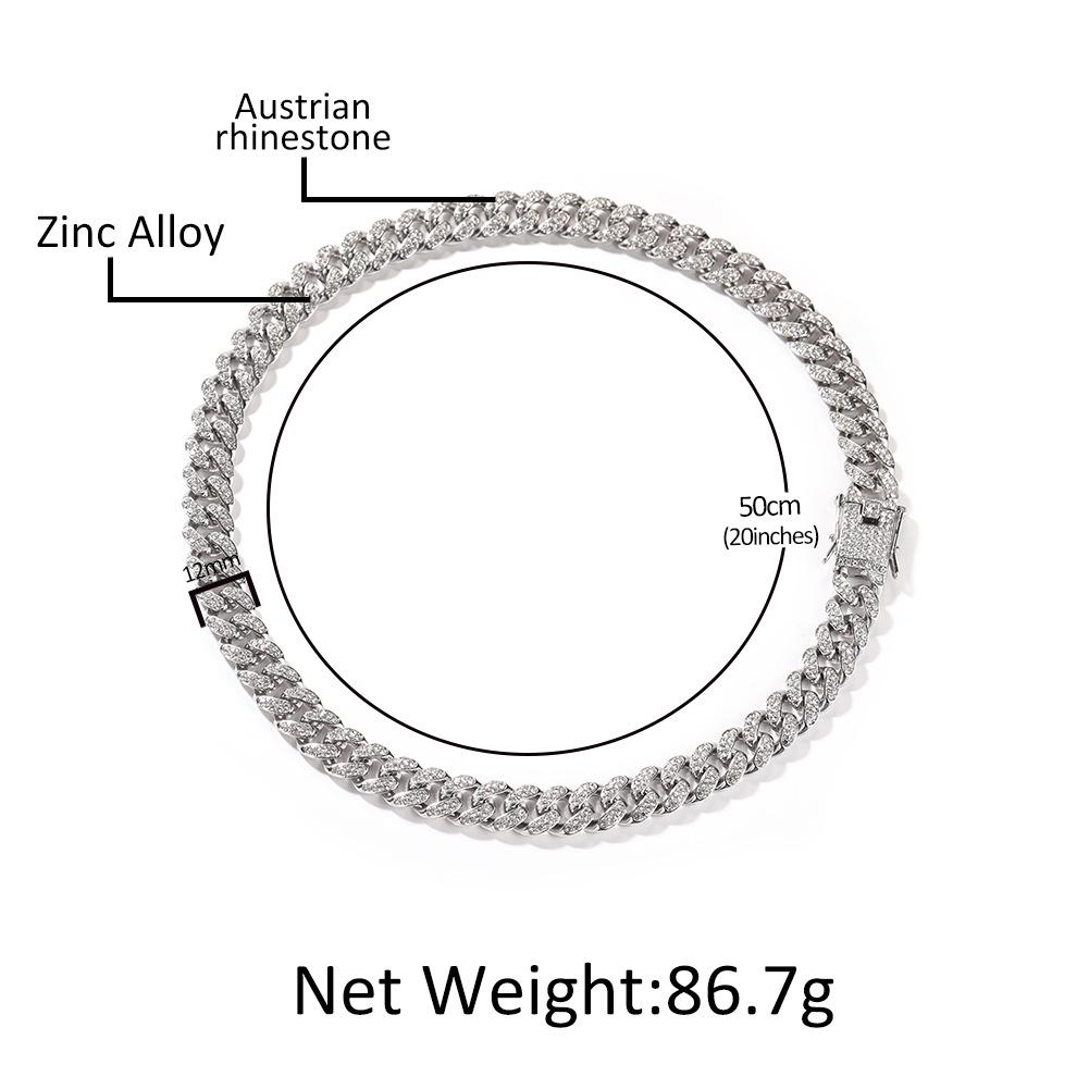 Gu Meng 12mm Men's Cuban Necklace - European & American Style, Hip Hop Design, Alloy with Inlaid Diamond, Versatile Street Jewelry.