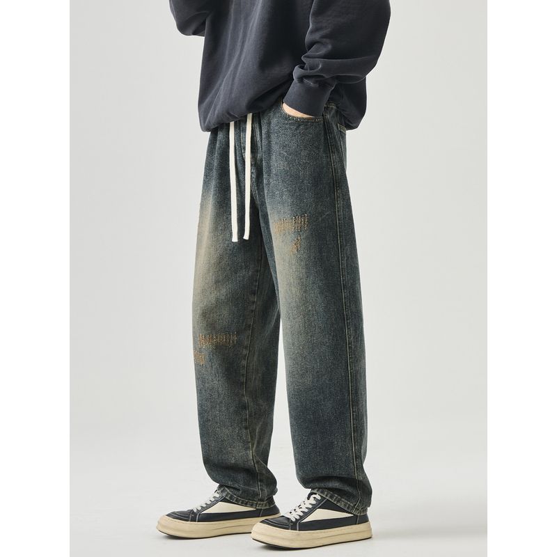 Wassup American Retro Distressed Gradient Washed Jeans Men's Casual Straight-Leg Versatile Long Pants for Teenagers