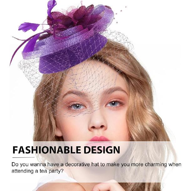 Yardwe Vintage Fascinator Headband Purple Mesh Flower Pillbox Hat Wedding Bride Headdress Banquet Hair Accessory for Women Special Occasion