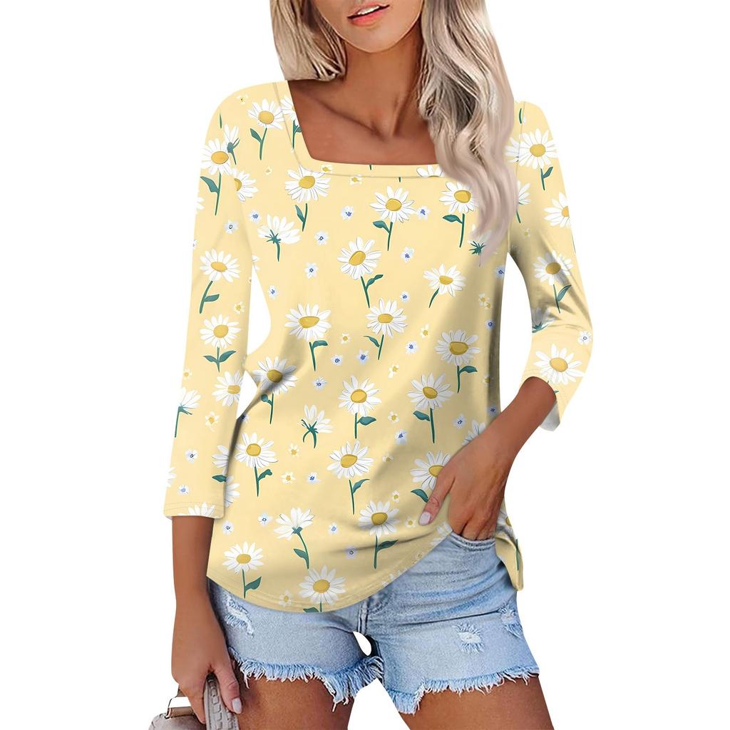 Košile pro dámskou módu Neformální dámské tričko s čtvercovým výstřihem, 3/4 rukávem, volným potištěným tričkem