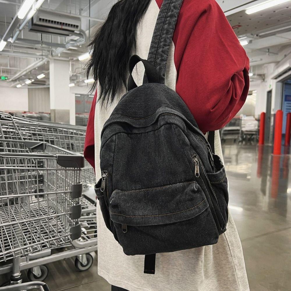Japanese Style Denim Backpack Street Style Solid Crossbody Bag Vintage Handbag Women&Men