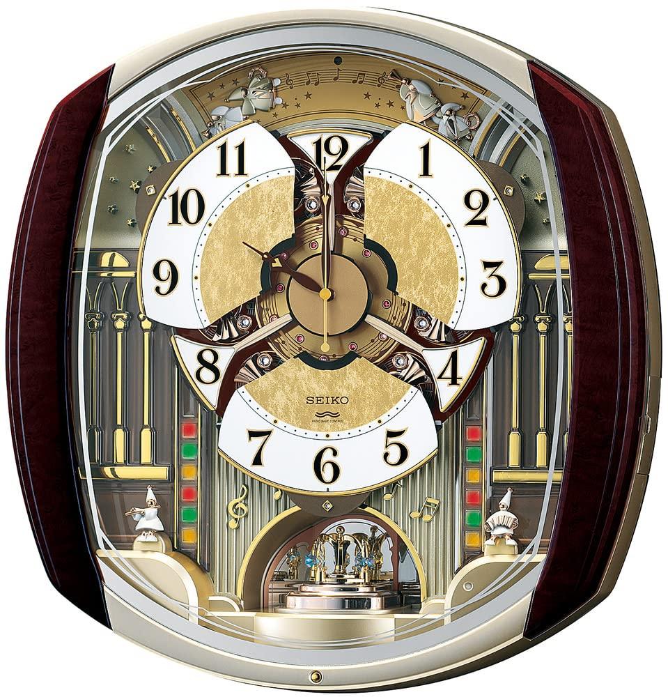 Seiko Nástěnné hodiny Karakuri s rádiem, analogové Karakuri, 6 skladeb, melodie, rotující dekorace, tmavě hnědý mramorový vzor RE564H
