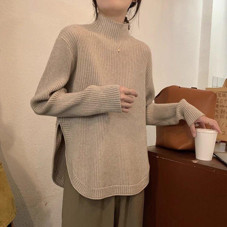 Women's Turtleneck Split Knitted Top Spring Korean Style Fashionable Loose Designed Long Sleeve Upper Garment