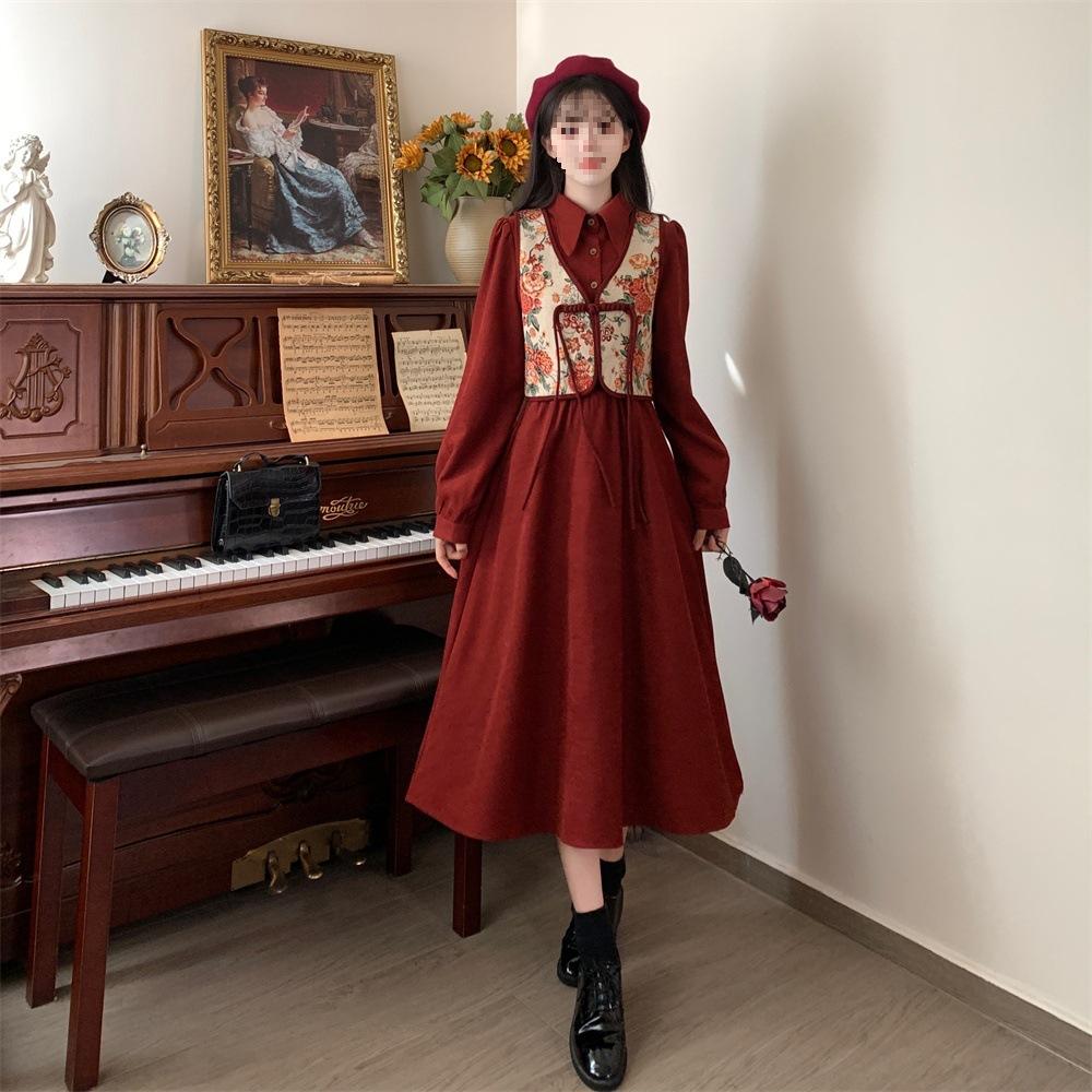 Spring New Chinese Style Buckle National Style Vest Two-piece Dress Large Size Fat Mm Retro Waist and Thin Suit Skirt