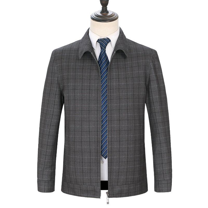 Spring & Autumn Plaid Wool Jacket for Middle-aged & Elderly Men - Casual Lapel Thin Style Dad Outerwear