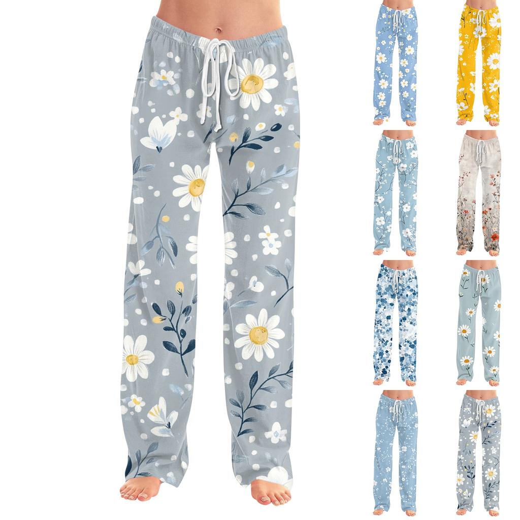 Womens Pajama Pants Sleepwear Casual Drawstring Elastic Waist Pants Comfy Straight Yoga Loose Trousers
