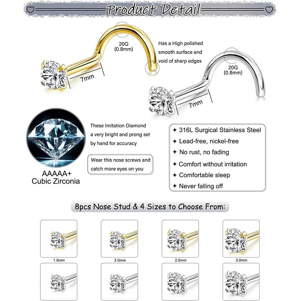 8 Pcs/Lot CZ Zircon Nose Studs Gold Silver Stainless Steel Screw Nose Nails for Woman Girls Body Piercing Part Jewelry Gift 20G