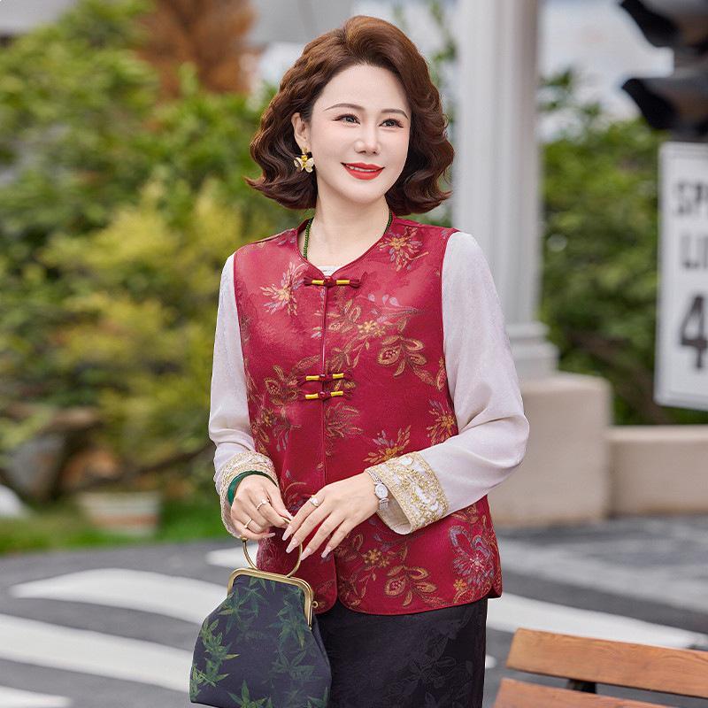 

2026 Chinese Style Women s Embroidered Floral Vest: Spring & Autumn Collection for Middle-Aged and Elderly Women 5XL (150-165 lbs)