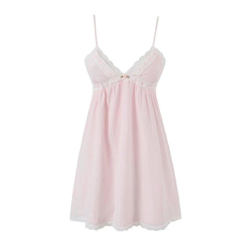 

Age-Reducing Girls Contrast Color Backless Slip Dress Flowers Pink Slip Skirt(High quality) L