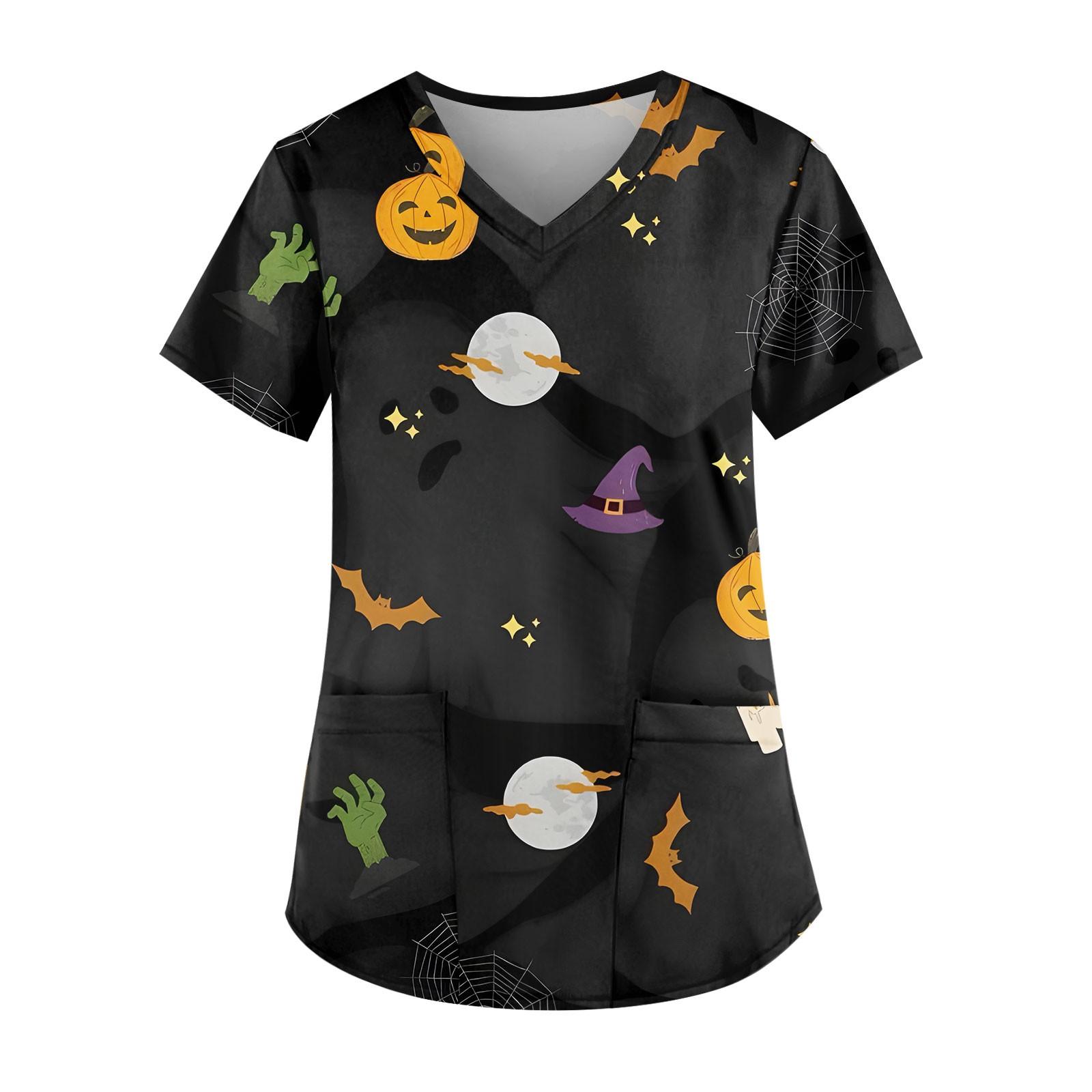 

Женская мода V-образный вырез повседневные Хэллоуин принтованные топы с карманами рабочая одежда XXXL чёрный