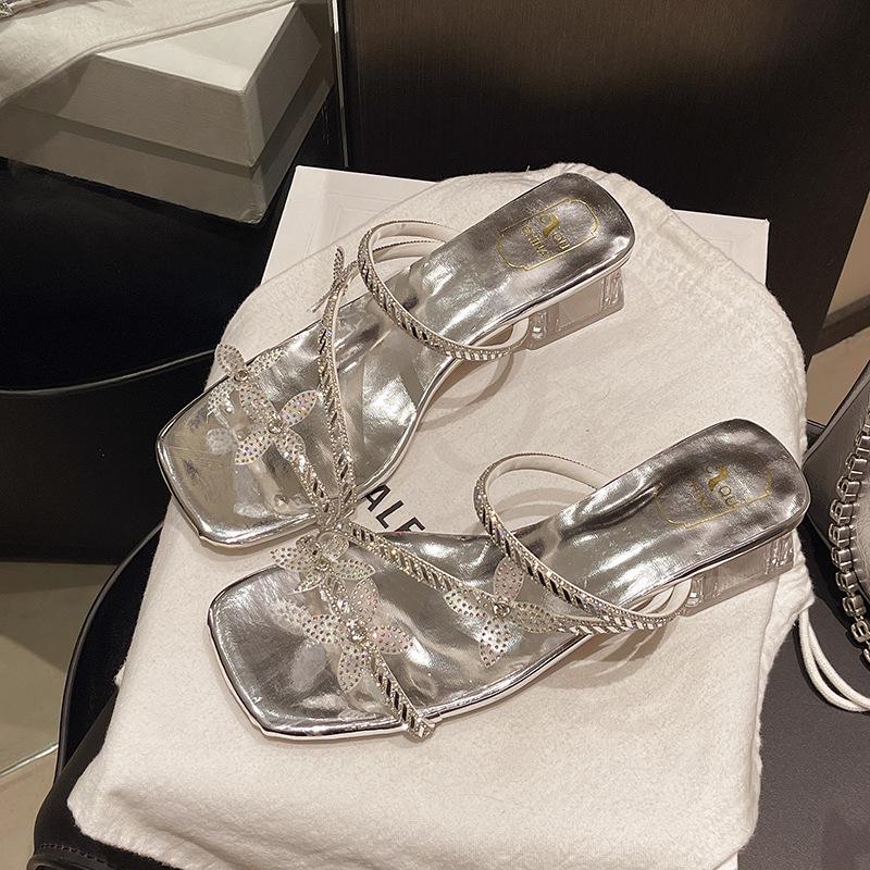 High heels women's summer 2025 new butterfly rhinestone word with crystal heel slippers square head thick heel slippers women