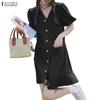 ZANZEA Women Casual V-Neck Loose Summer Short Sleeve Dress