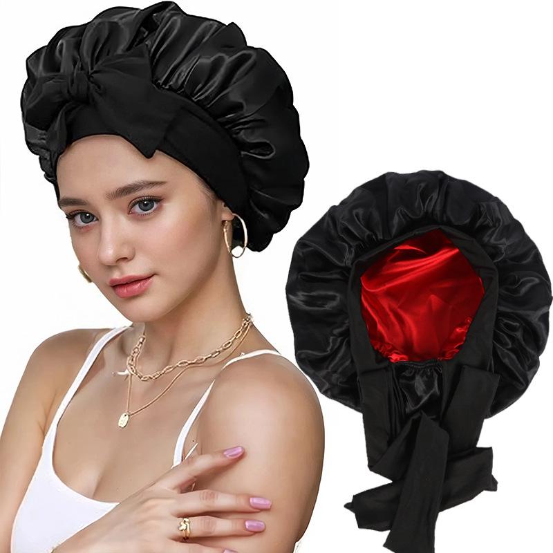 Women's Double-Layer Elastic Satin Sleep Cap - Wide Brim Hair Protection with Bow Ribbon