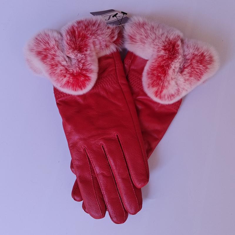 Women Winter Genuine Sheepskin Leather Glove With Rex Rabbit Fur Cuff Warm Winter Female Genuine Leather Gloves Hand Warmer