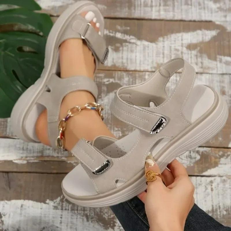 Nové značkové háčkované sandály pro ženy Summer Leather Lehké ležérní boty na klínku na platformě Modré dívčí venku protiskluzové plus vel. 43