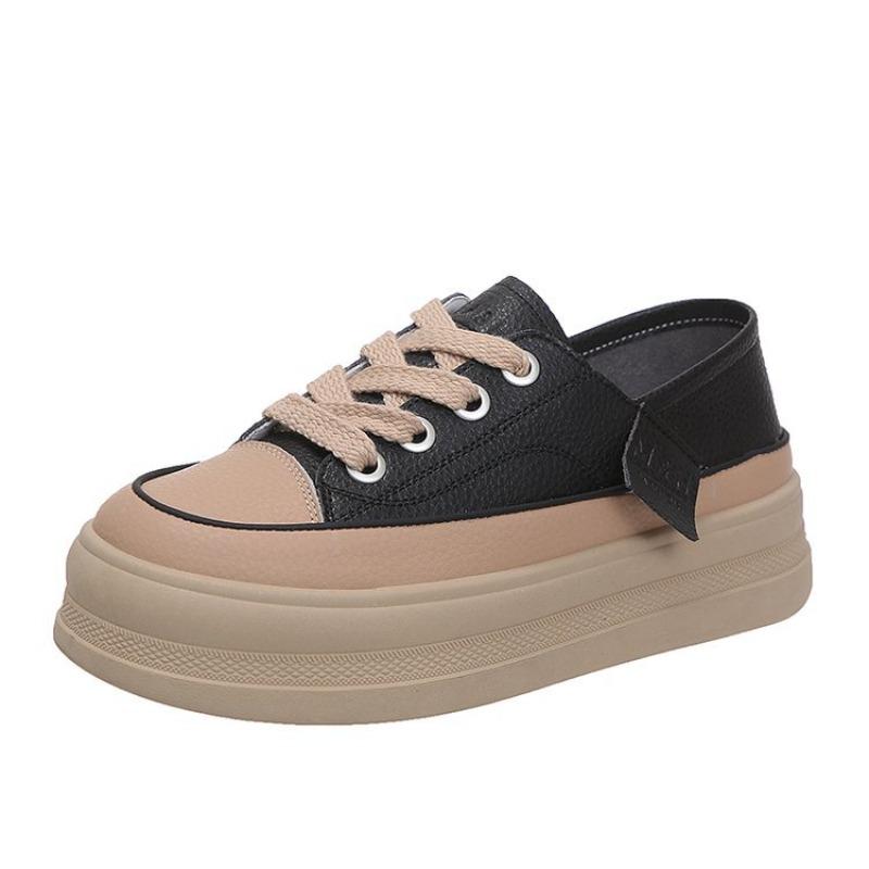 Two Wear White Shoes Women's Season Retro Round Head Sports Women's Shoes Muffin Leather Thick Baseplate Shoes