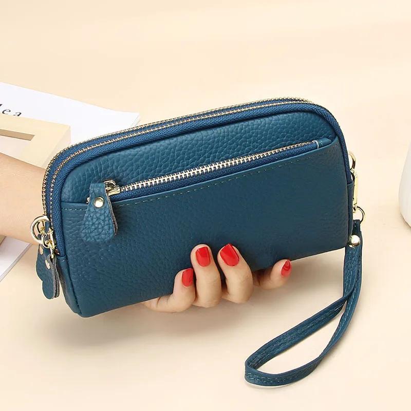 Genuine Leather Women Double Zip Wallet   Ladies Clutch Purse Cowhide Wristlet Bag Coin Purse Fashion Mobile Phone Bags