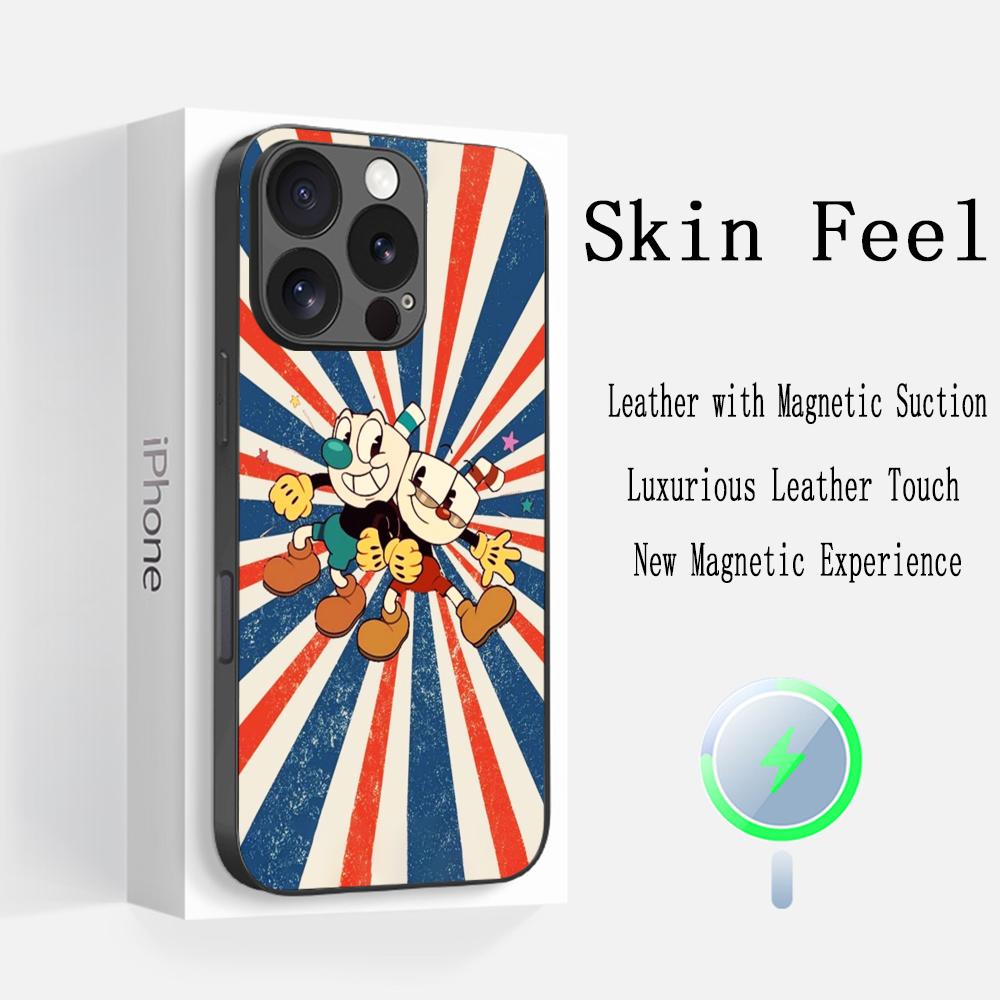 Cute cup-Head classic cartoon pattern Phone Case For iPhone 17 16 15 14 13 12 Plus Pro Max High-end Luxury Magsafe Sheepskin
