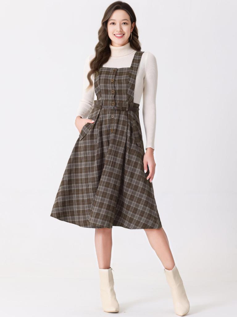 Allegra K Women's Vintage Checkered Overall Dress, Sleeveless, A-Line, Pinafore Dress, Brown, Size M