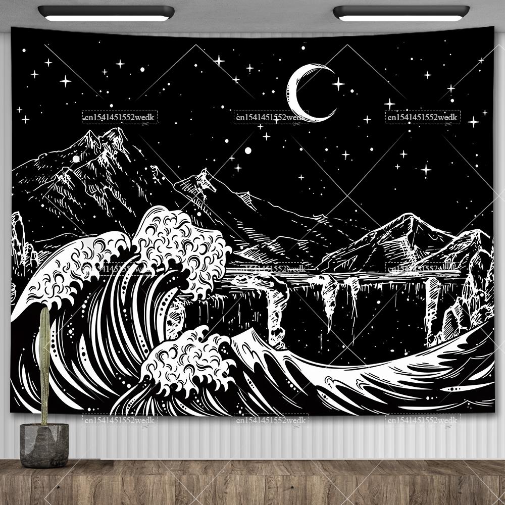 Boho Mountain Tapestry Landscape Tapestry Moon Starry Night Wall Hanging Tapestry Aesthetic Room Decor Backdrops Yoga Meditation