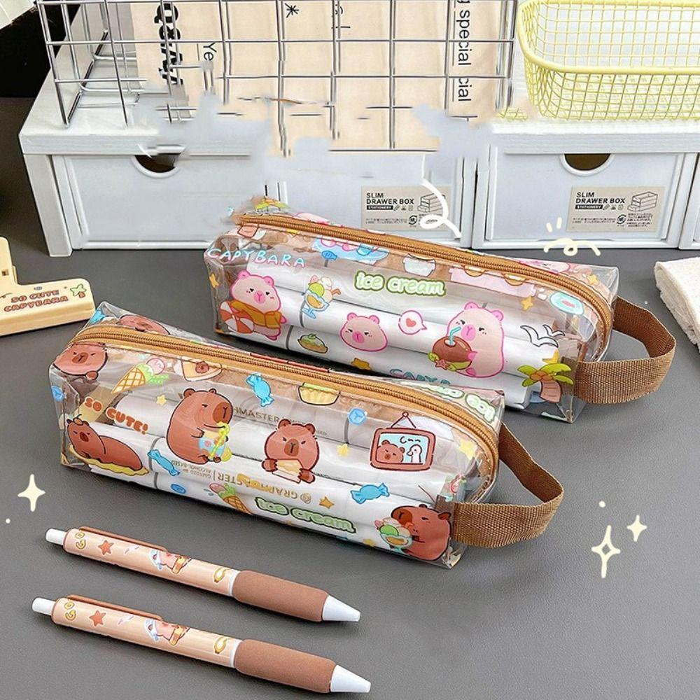 Kawaii Capybara Pen Bag Cartoon Stationery Storage Bag Transparent Pencil Case  Student Gift