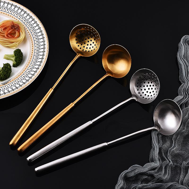 Golden 304 Stainless Steel Colander Spoon for Kitchen Long Handle Ladle Anti-scalding Restaurant Food Oil Fitlter Household