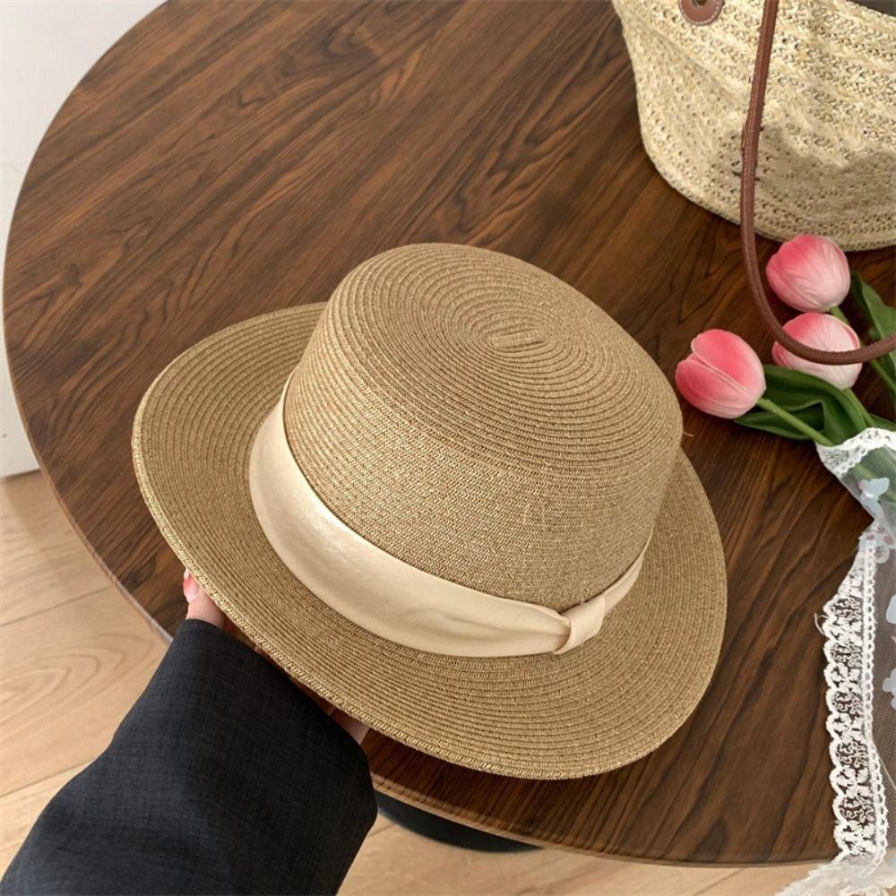 Elegant Straw Woven Hat Breathable Women's Sun Hat Simple Beach Flat Top Hat  Ladies