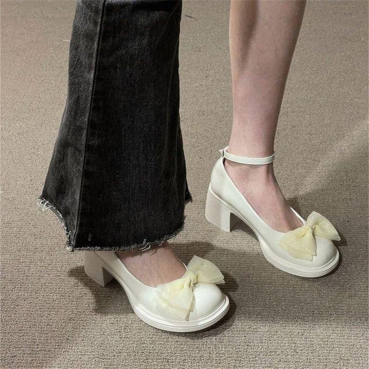 Coarse heel leather shoes Mary Jane shoes women's single shoes 2025 spring and summer new niche bow retro high heel small leather shoes