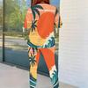 Women Plus Size Round Neck Long Sleeve Tropical Printed Fitted Pants Two Piece Set