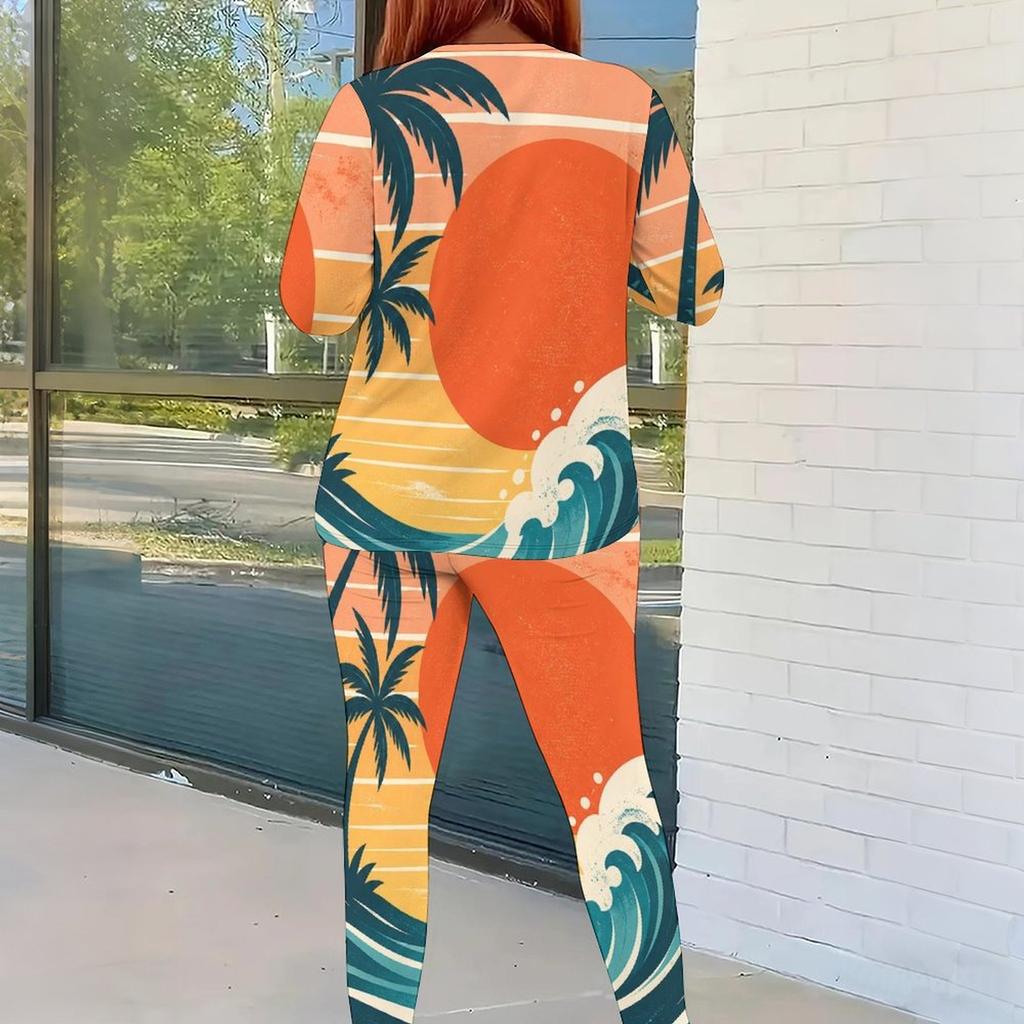 Women Plus Size Round Neck Long Sleeve Tropical Printed Fitted Pants Two Piece Set