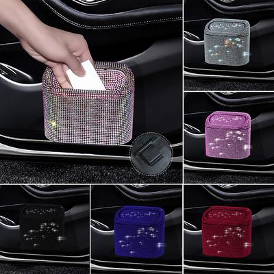 Cubo de basura para coche con cristales de diamante y tapa, a prueba de fugas, mini cubo de basura para vehículo, organizador de basura con purpurina, bolsa contenedora