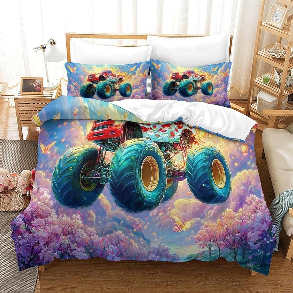 Dinosaur Monster Truck Duvet Cover Single Soft Microfiber Bedding Sets,Monster Truck Comforter Cover with Zipper for Kids Adults