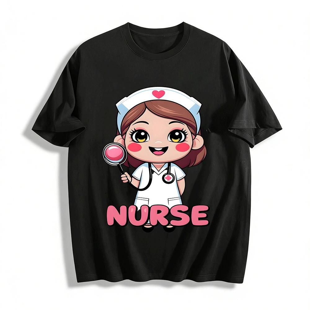 Cute Cartoon Nurse Print Casual T-Shirt Medical Themed Fun Top Pure cotton T-shirt XXS