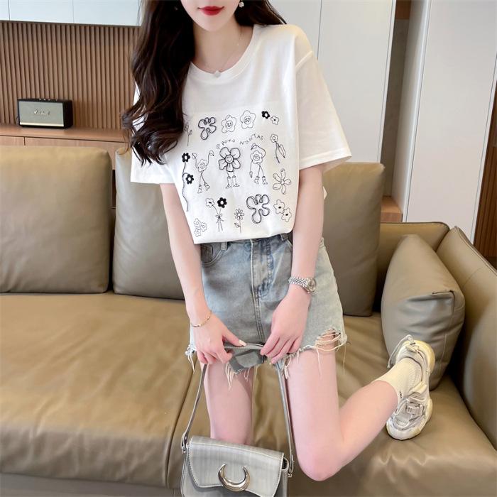 Pure Cotton Printed Flower Letters Summer Versatile Simple Korean Loose and Thin Short-sleeved Bottoming Shirt T-shirt Women's Inside