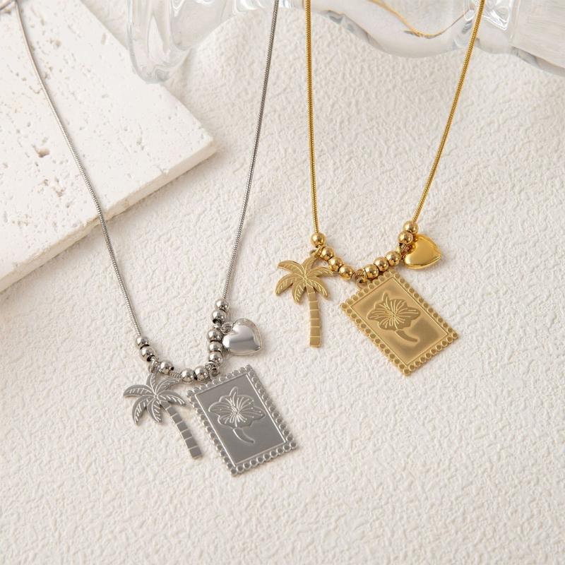 Fashionable Gold Plated Coconut Tree Necklace Stainless Steel Chain With Floral Accent Jewelry For Daily Wear