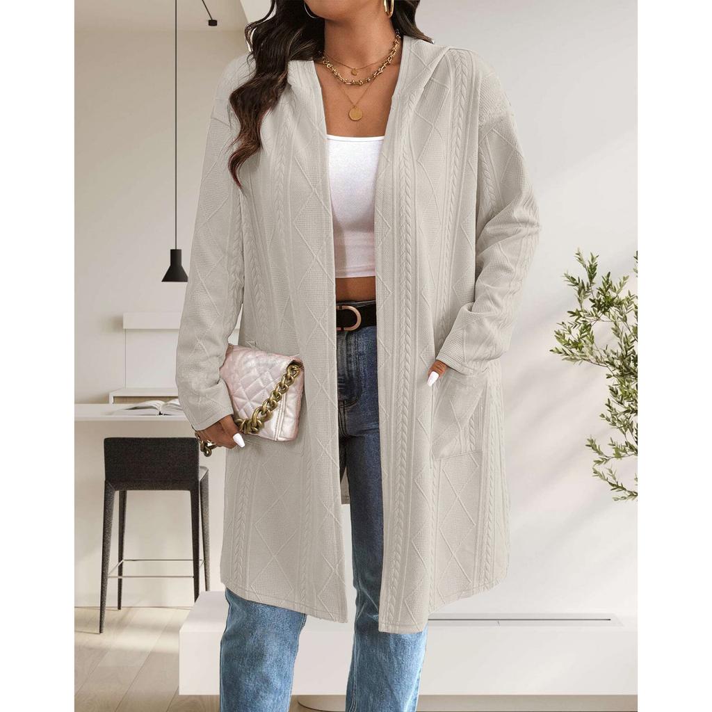 Dames Strandet Mønstret Hette Midilengde Trenchcoat Jakke Cardigan