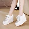 2024 New Casual Shoes for Women Wedge Heel Big Leather Vulcanized Shoe White Black Rhinestones High Top Lace Up Sneakers