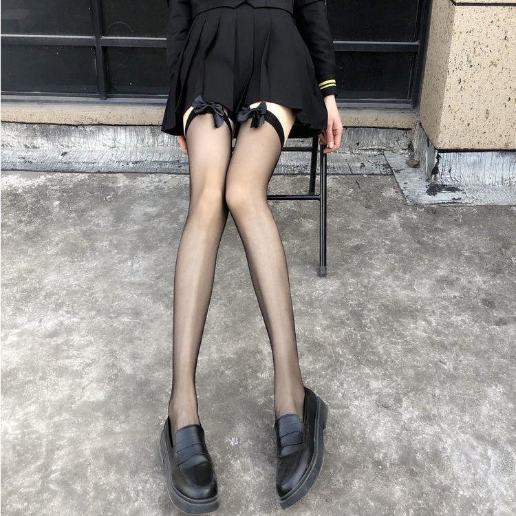 Japanese-Style White Silk Bow Knee-High Stockings