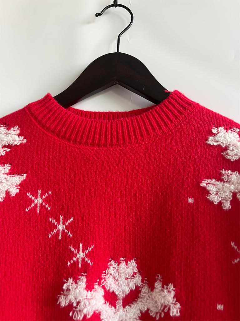 Red Christmas sweater, women's snowflake towel, embroidered round neck long sleeved Christmas themed pullover sweater 3505 KTB