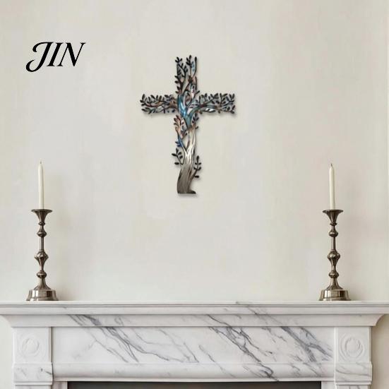 Layered Tree Wall Sculpture Metal Cross Art, of Life Hanging Crosses Decor, Art for Garden Living Room Bedroom Retro Style