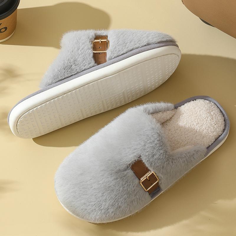 Simple solid color cotton slippers, warm and non-slip for home use in autumn and winter, couple's premium plush slippers