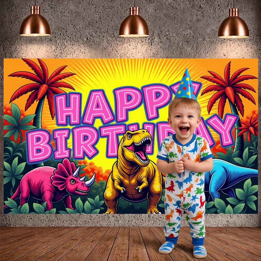 Birthday Party Banner Dinosaur Theme Jurassic Birthday Backdrop Kids Party Banner Vibrant Art For Birthday Photo Booth