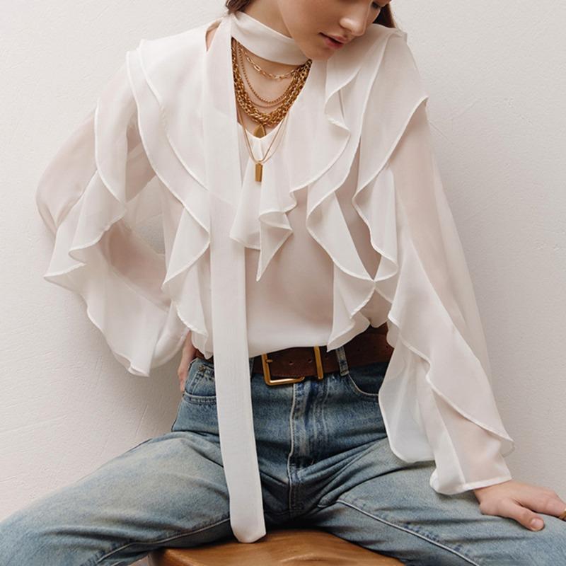 Talenza Casual Ribbon Shirt Summer Ruffle Long Sleeve Loose Office Lady Shirt Top Solid See Through V-Neck Pullover Women Blouse