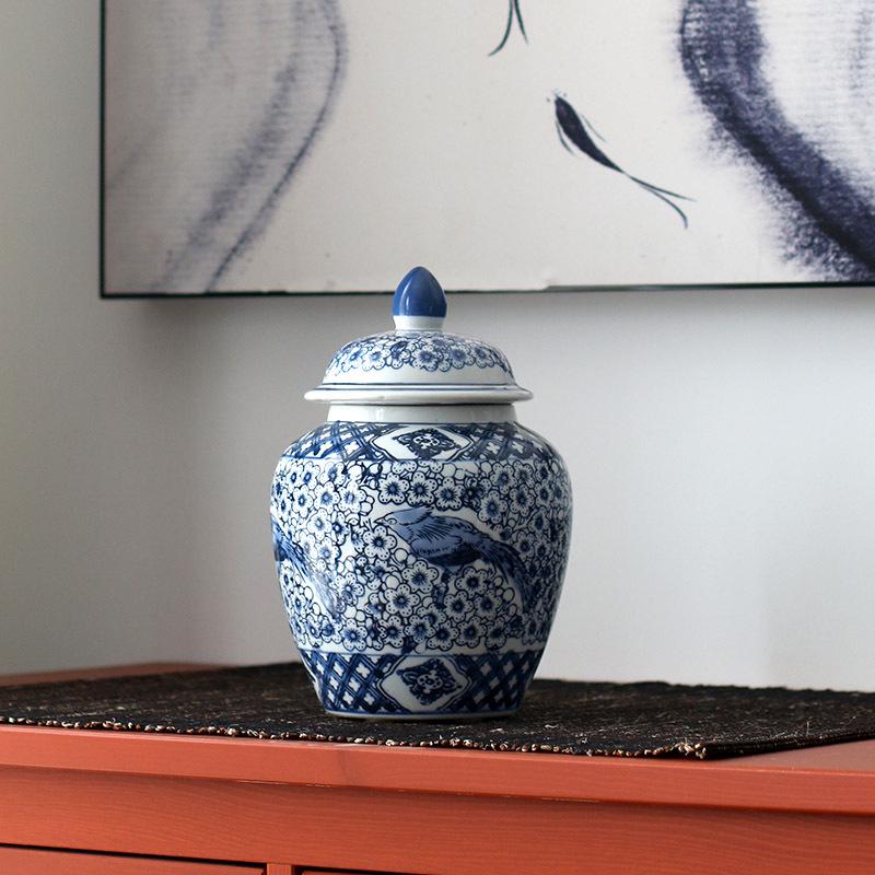 Blue and White Porcelain Magpie Plum Blossom Vase - Ceramic Storage Jar for Living Room Decoration and Business Gift