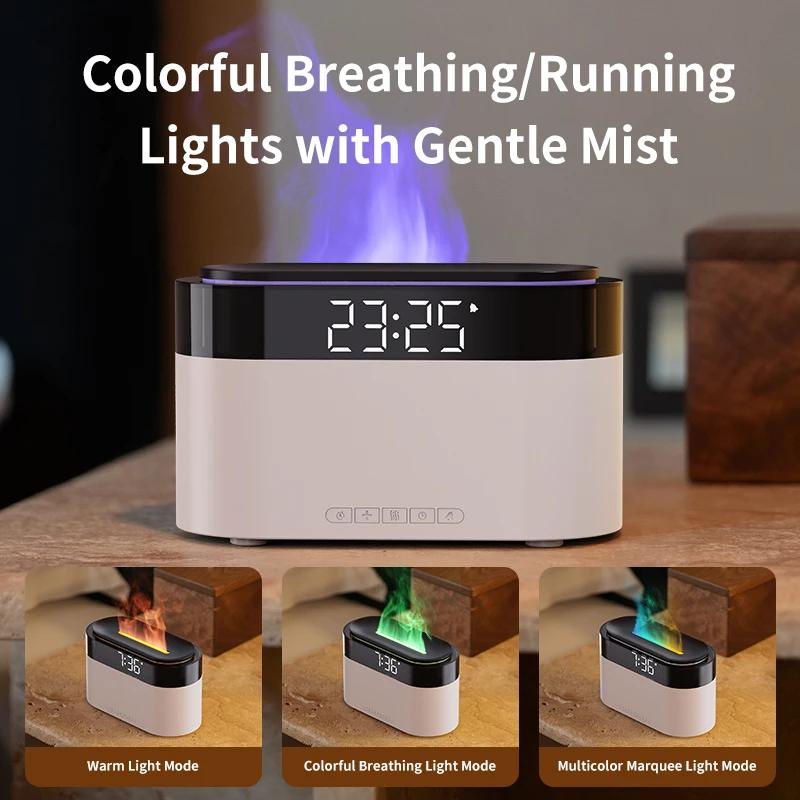 LED Clock Colorful Night Light with Simulated Flame Humidifier and Remote Control Ultrasonic Essential Oil Aromatherapy Machine