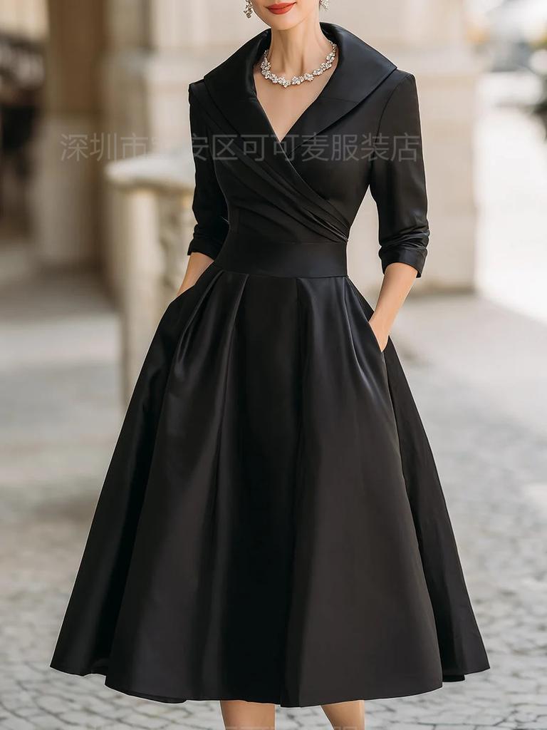 Elegant temperament waist thin dress long sleeves big swing solid color dress women