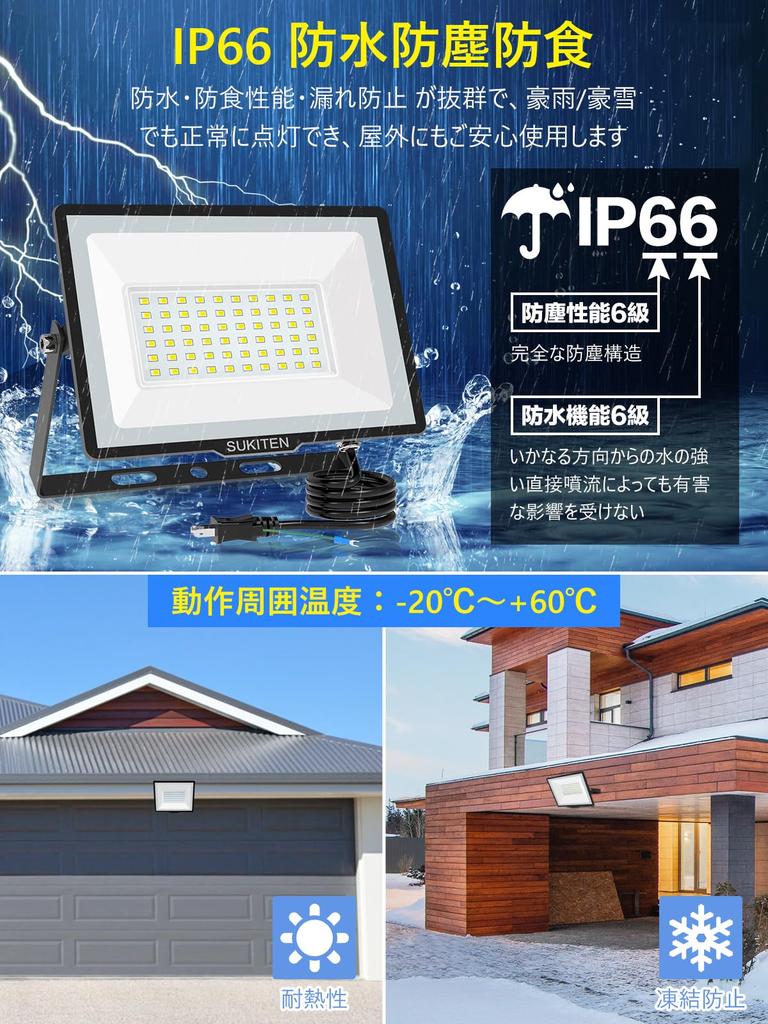 [Unbelievable Brightness & Energy-Saving] SUKITEN 60W LED Floodlight, Set of 2, 8000 Lumens, 100V, Ultra-Slim, IP66 Waterproof, 6500K Daylight White,