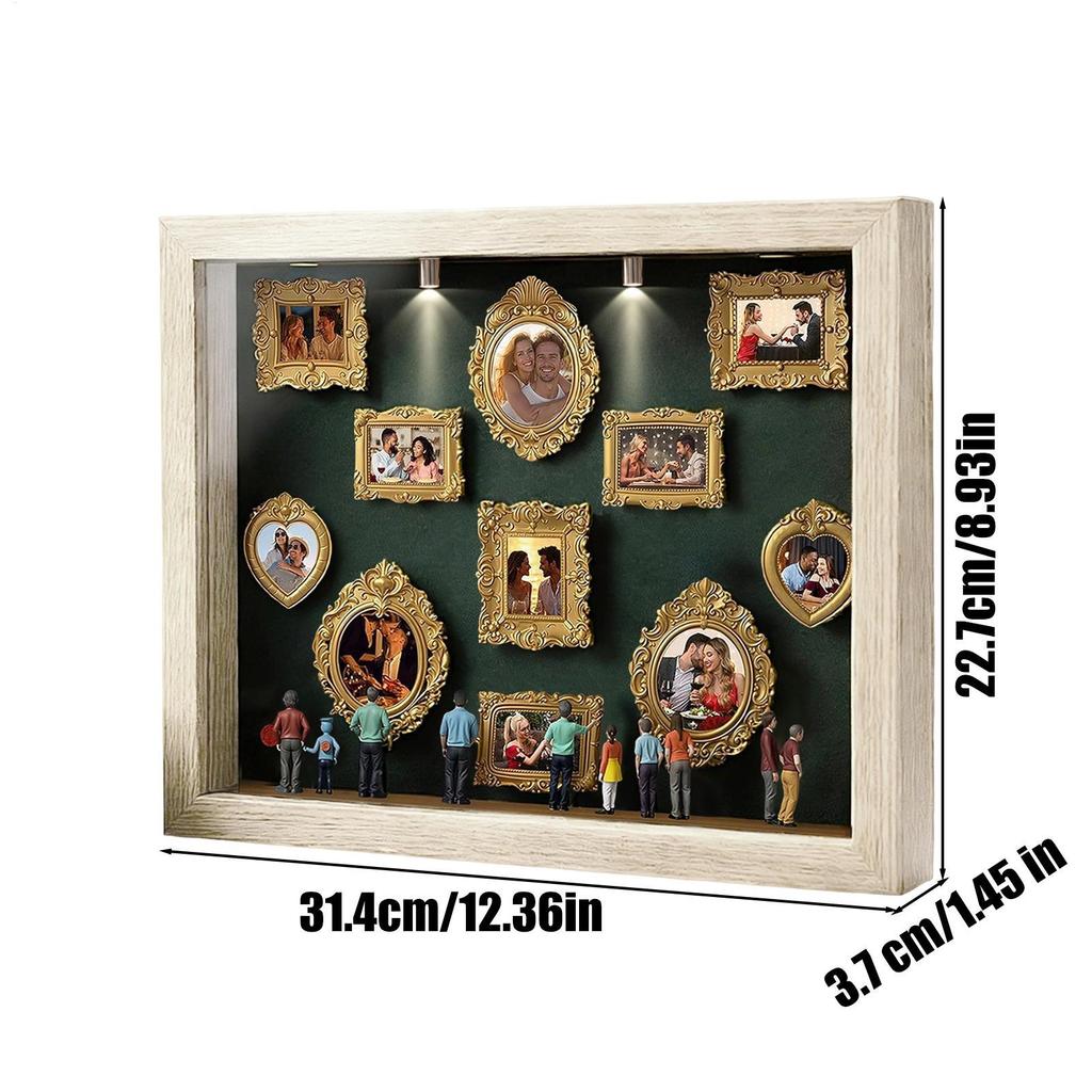 11 Pieces Miniature Desk Photo Frame Silhouette Box Memory Photo Case with LED Light with 8 Figurines for Tabletop Valentine's
